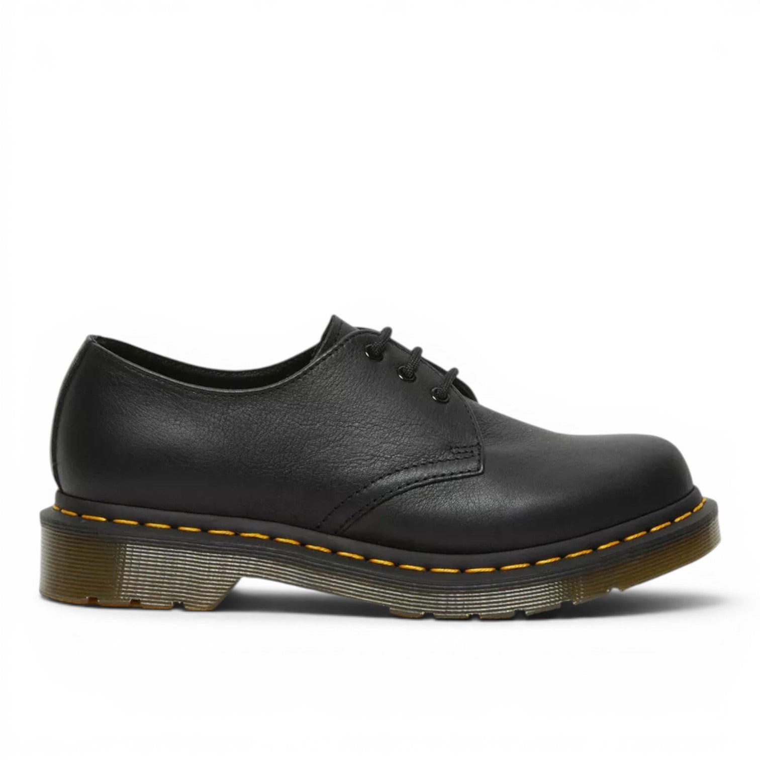 My Store black leather Dr. Martens 1461 Virginia Oxford shoes with yellow stitching and air-cushioned sole.