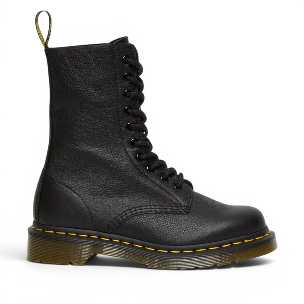 My Store black pebbled leather 1490 Virginia Dr. Martens boots with yellow stitching and AirWair sole.