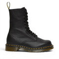My Store black pebbled leather 1490 Virginia Dr. Martens boots with yellow stitching and AirWair sole.