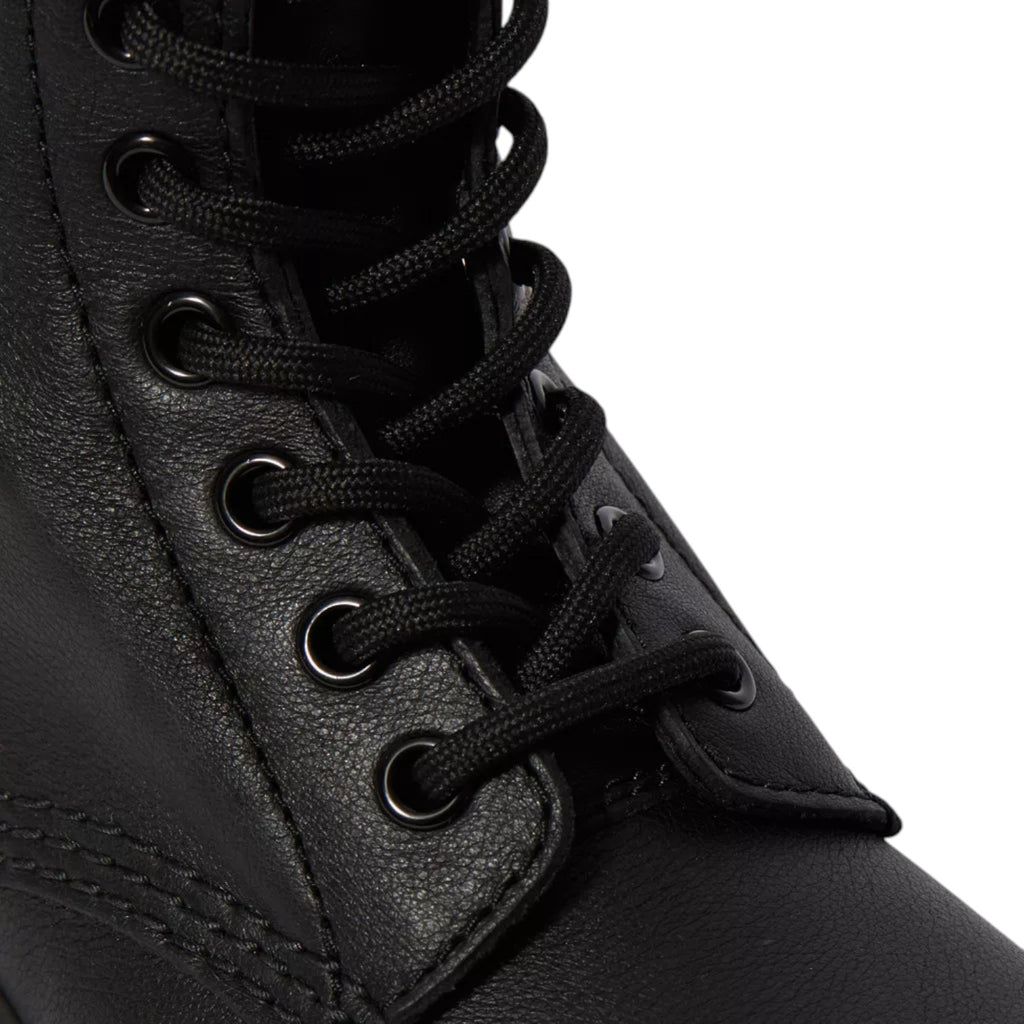 My Store black leather Dr. Martens 1460 Pascal Mono boots with black laces and silver eyelets.