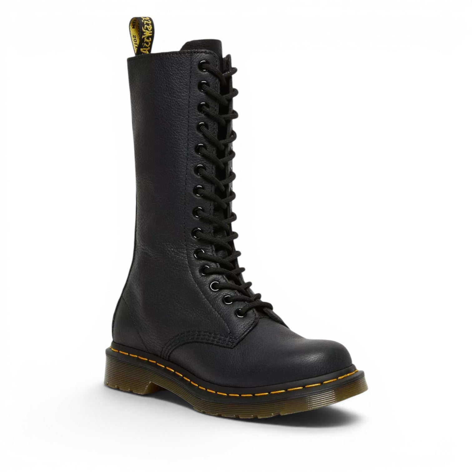 My Store black Virginia leather 14-eyelet high boots with yellow stitching on the sole.