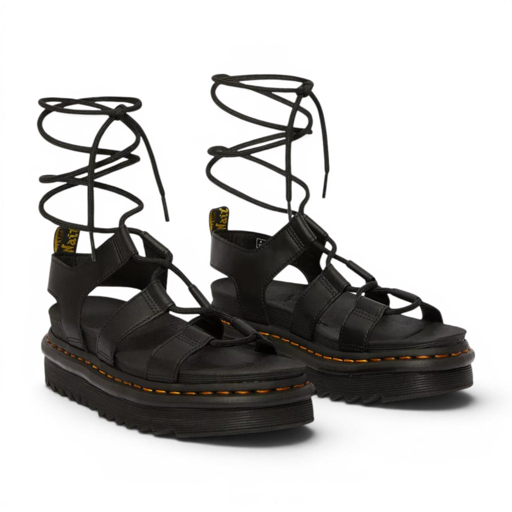 My Store black leather Dr. Martens Nartilla Hydro lace-up gladiator sandals with platform sole.