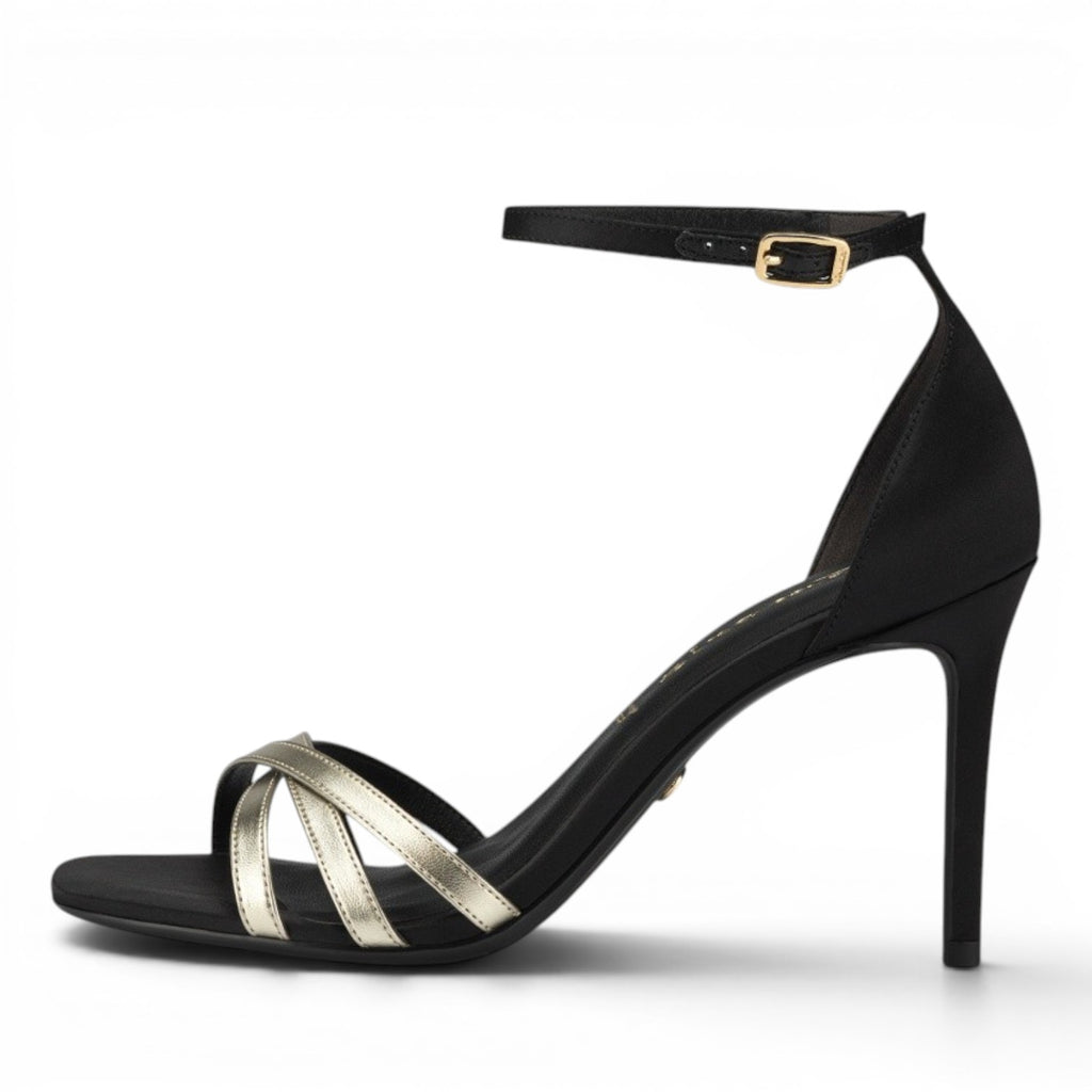 My Store black synthetic heeled sandals with gold criss-cross straps and ankle buckle. 9cm heel.