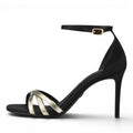 My Store black synthetic heeled sandals with gold criss-cross straps and ankle buckle. 9cm heel.