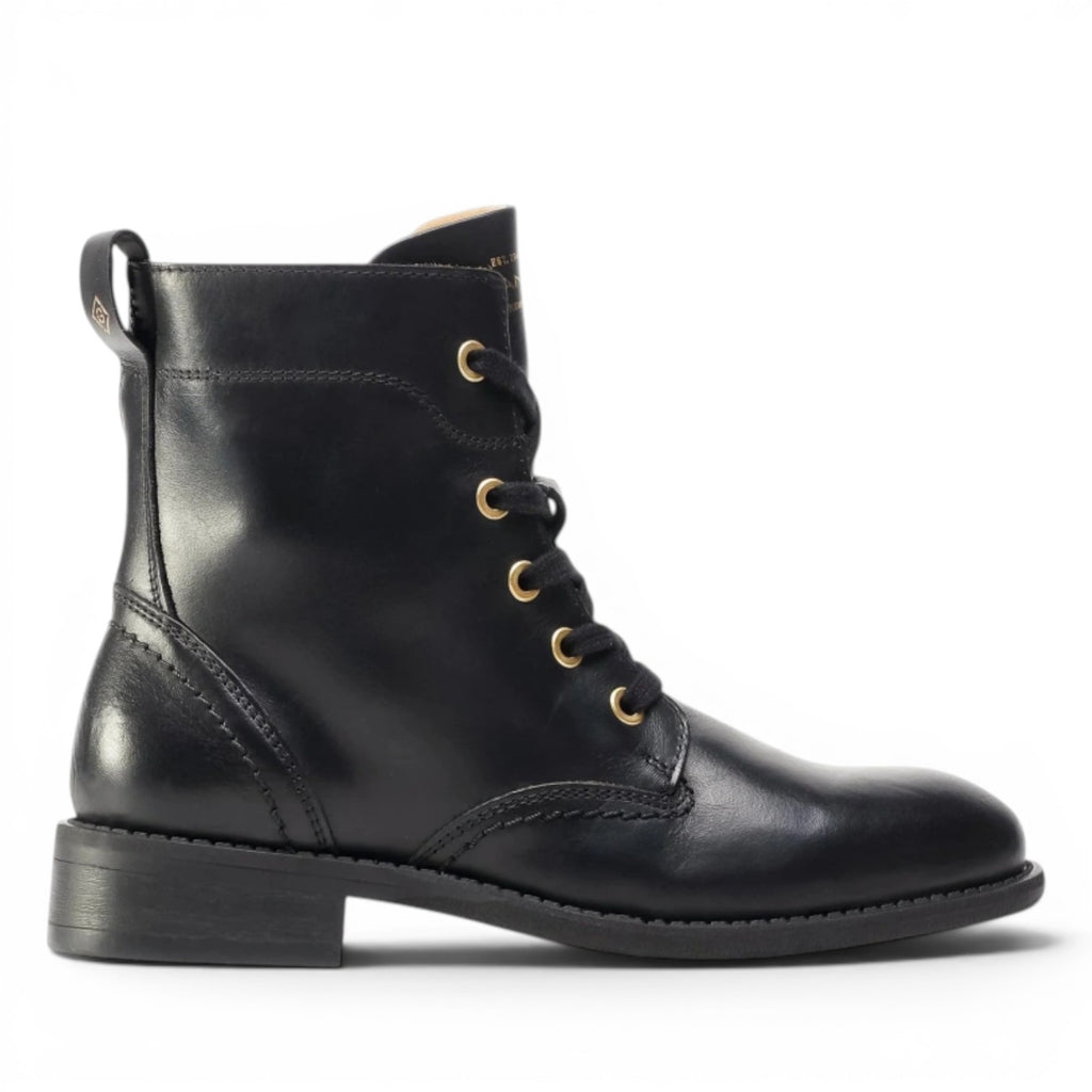 My Store black leather lace-up ankle boots with side zip and gold eyelets.