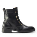 My Store black leather lace-up ankle boots with side zip and gold eyelets.