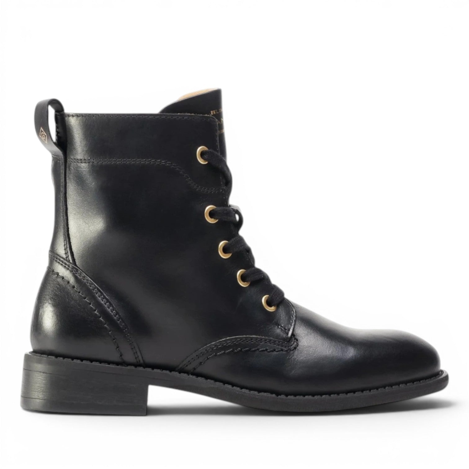 My Store black leather lace-up ankle boots with side zip and gold eyelets.