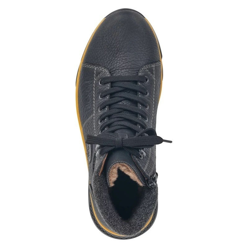 My Store black leather lace-up boots with warm lamb wool lining and side zipper. Yellow sole detail.
