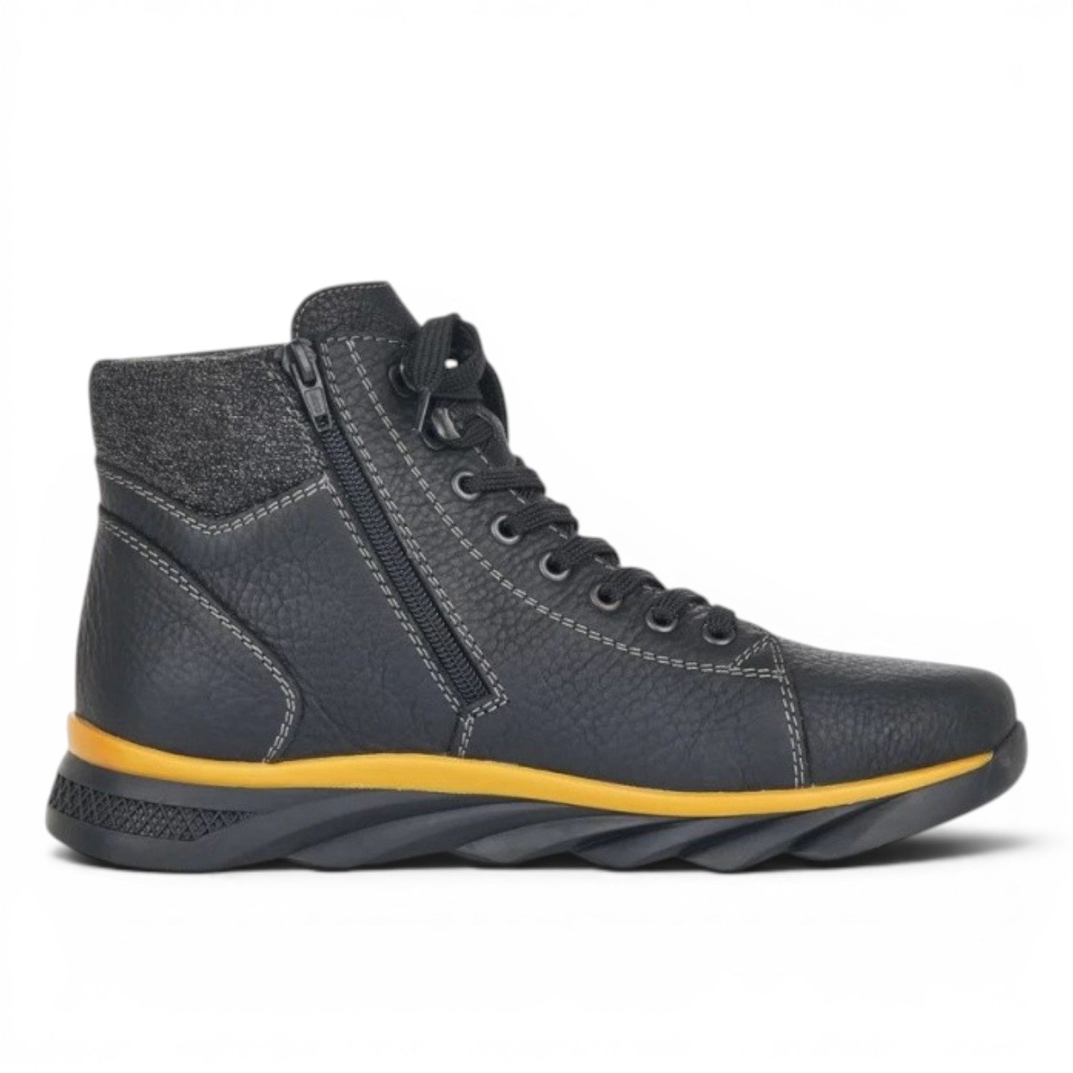 My Store black leather high-top boots with yellow sole detail and side zipper. Warm lamb wool lining.