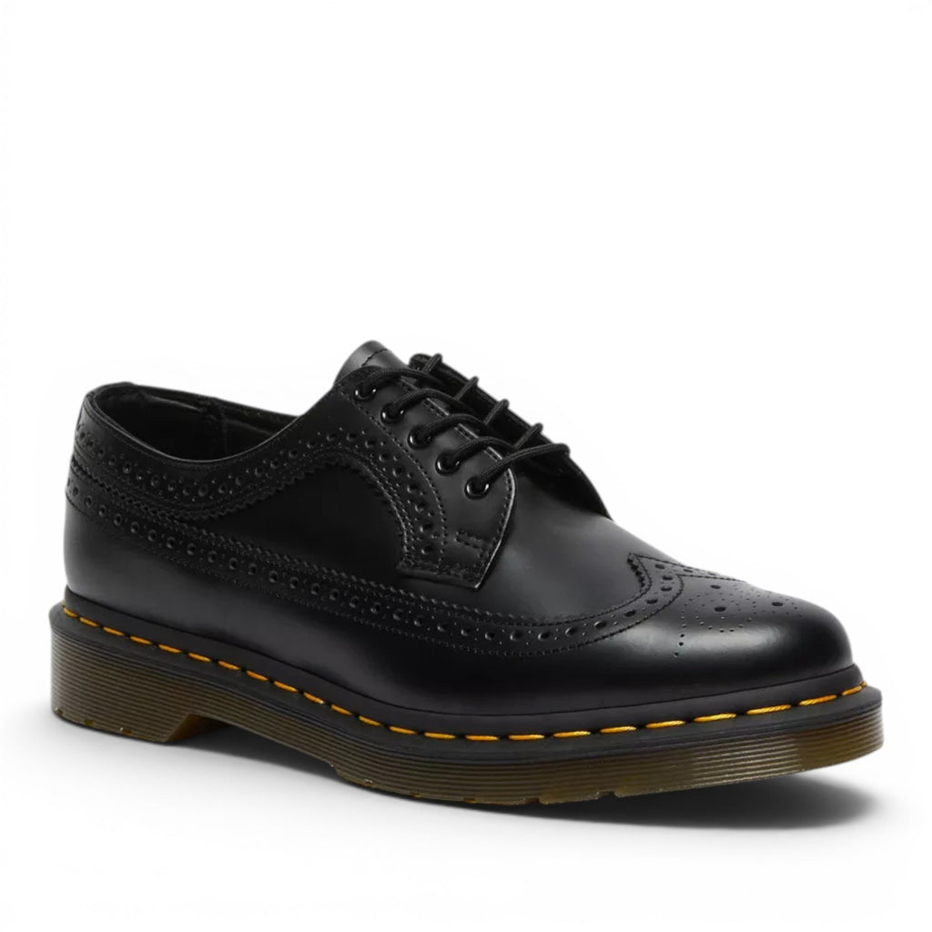 My Store black smooth leather 3989 brogue shoes with yellow stitching and PVC sole.