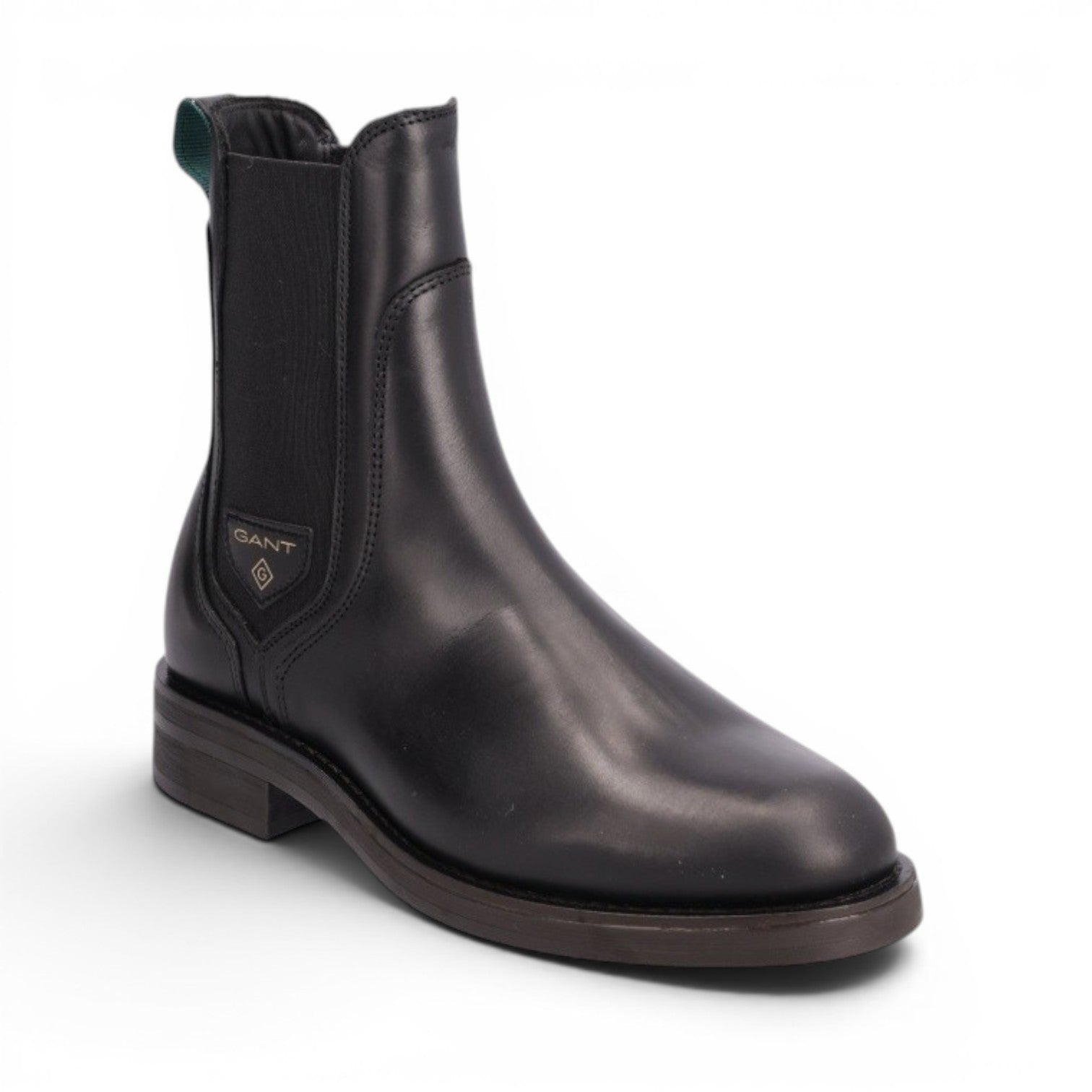 My Store black leather Chelsea boots with elastic side panels and green pull tab. Made in Portugal.