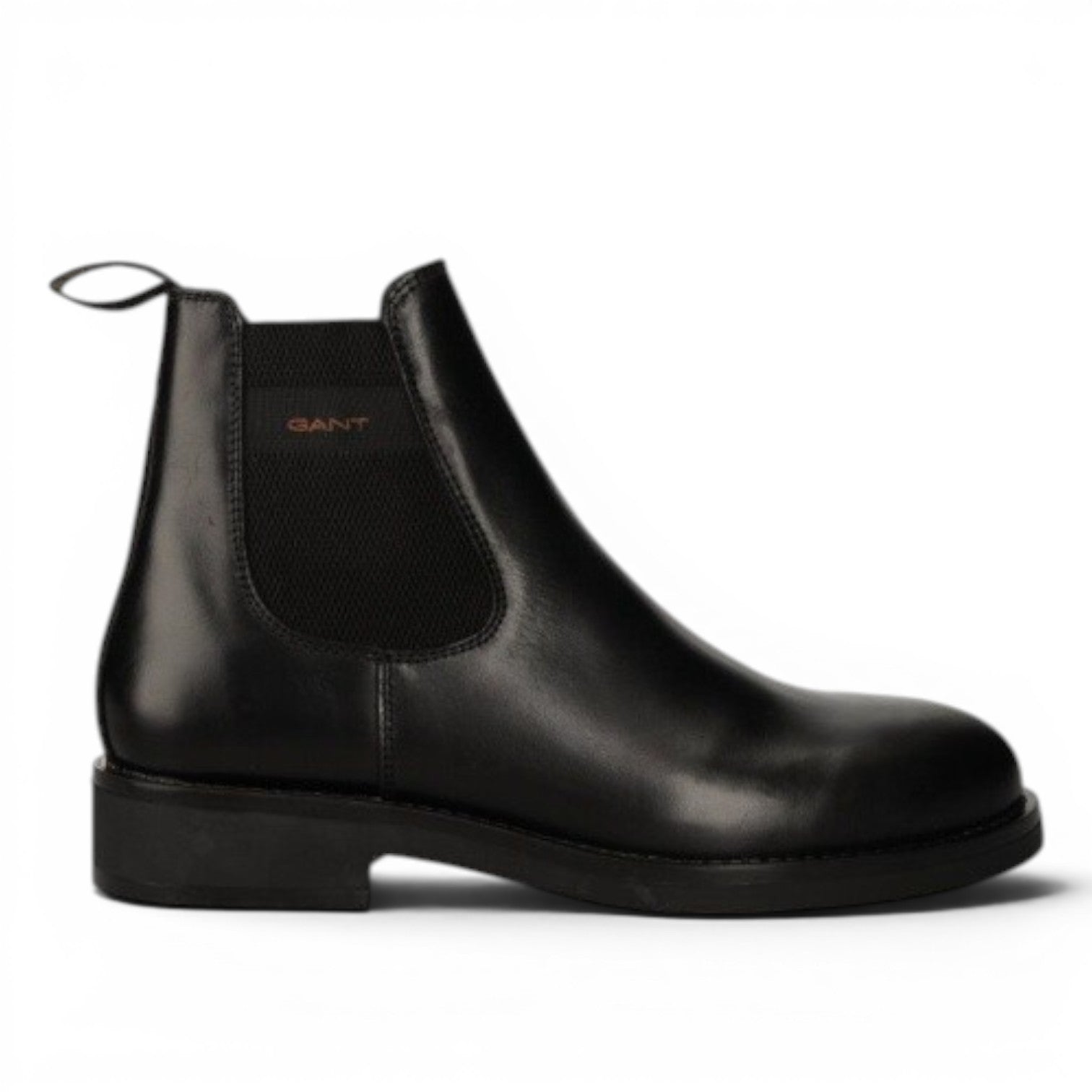 My Store black leather chelsea boots with elastic side panels and pull tab. GANT logo detail.