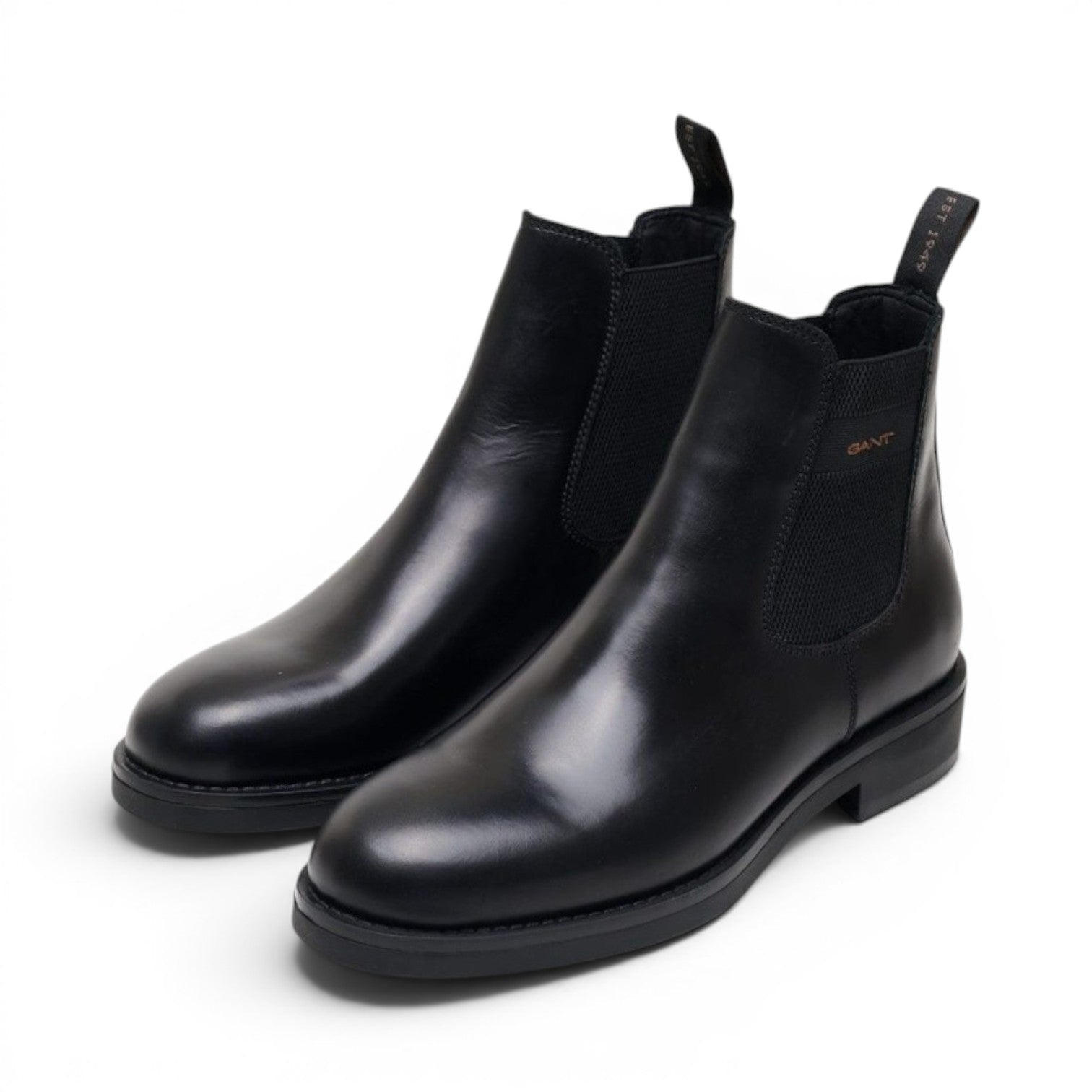 My Store black leather Chelsea boots with elastic side panels and pull tabs. Classic style.