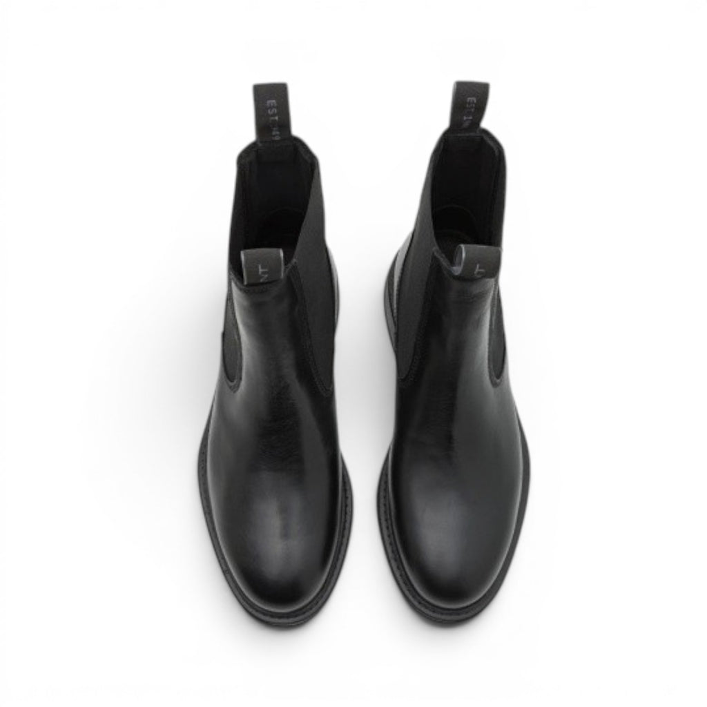 My Store black leather chelsea boots with elastic side panels and rubber sole.