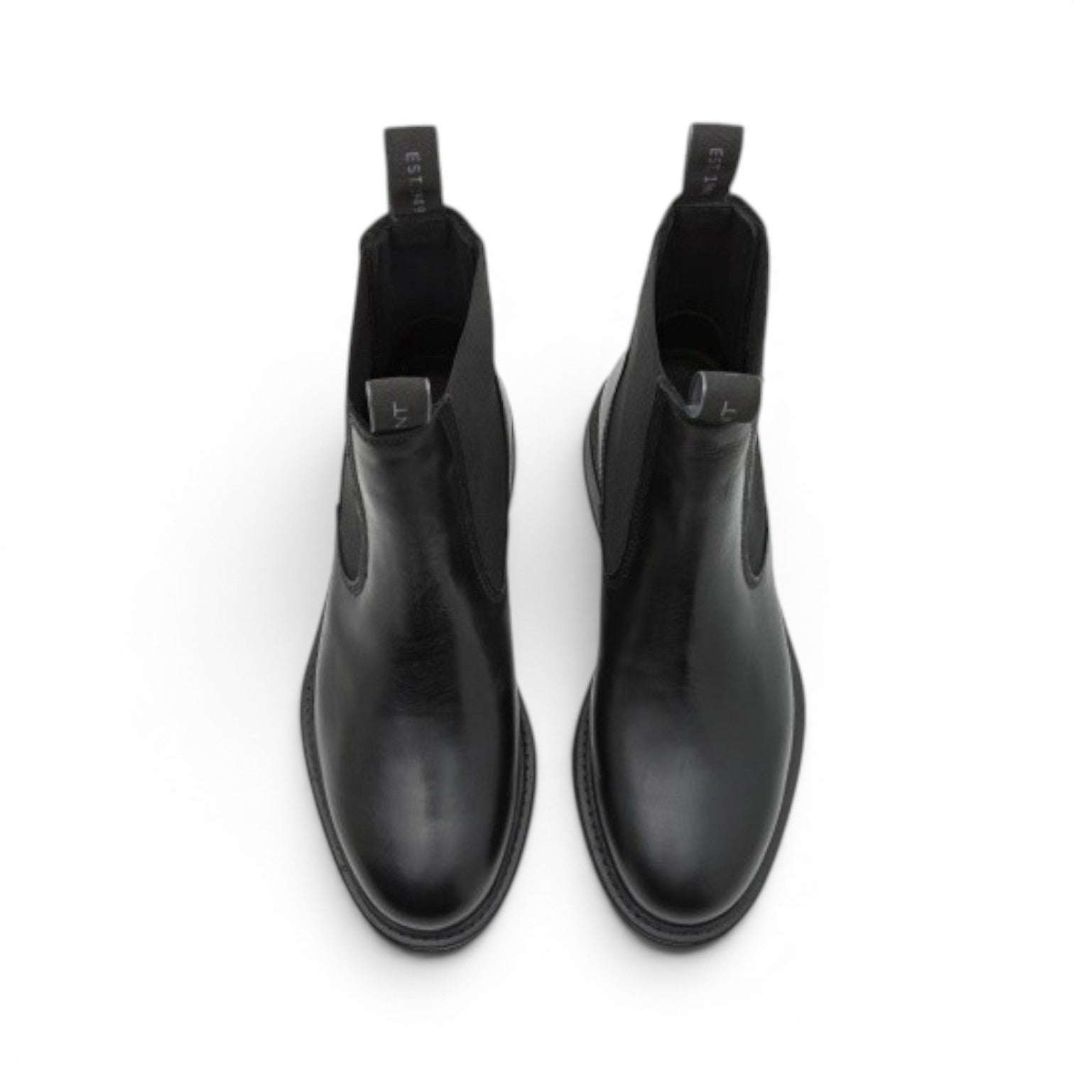 My Store black leather chelsea boots with elastic side panels and rubber sole.