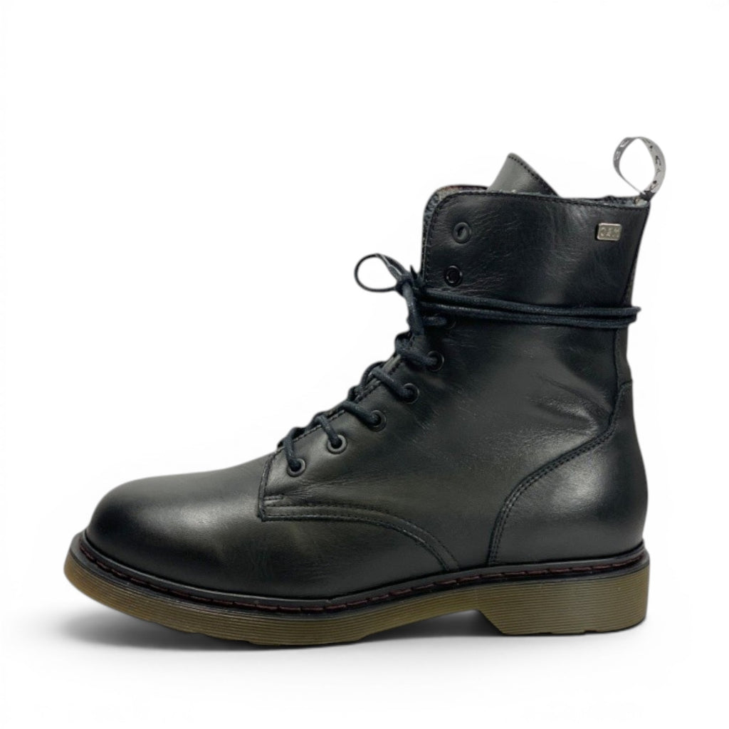 My Store black leather lace-up combat boots with side zip and textile lining. EFANY-1 style.