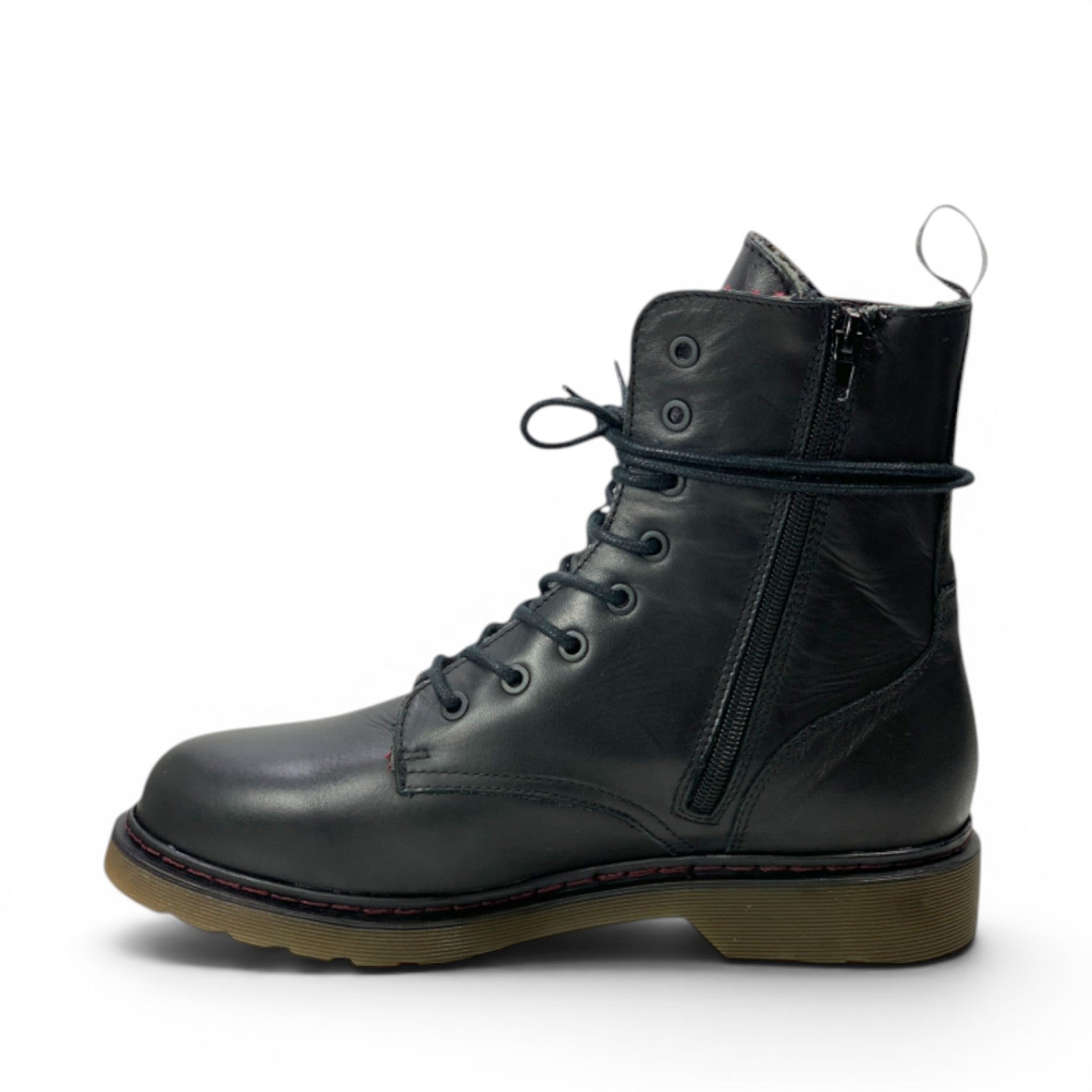 My Store black leather lace-up combat boots with side zipper and fleece lining.