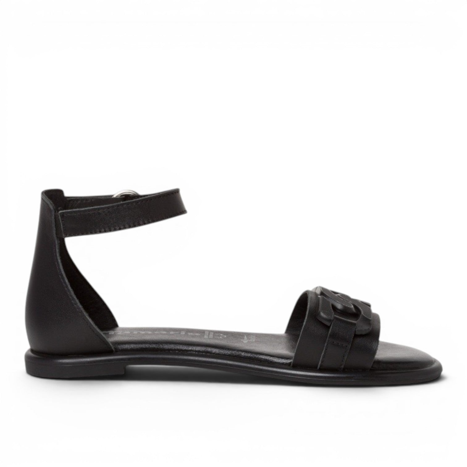My Store black leather flat sandals with ankle strap and decorative front detail.