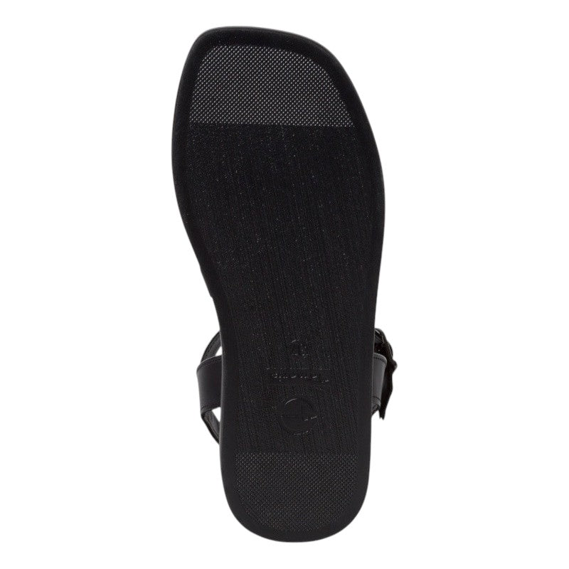 My Store black leather flat sandals with synthetic lining and leather insole. Open toe design.