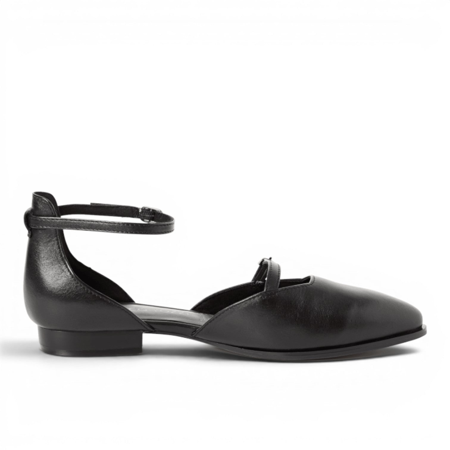 My Store black leather pointed-toe flats with ankle strap and buckle detail.