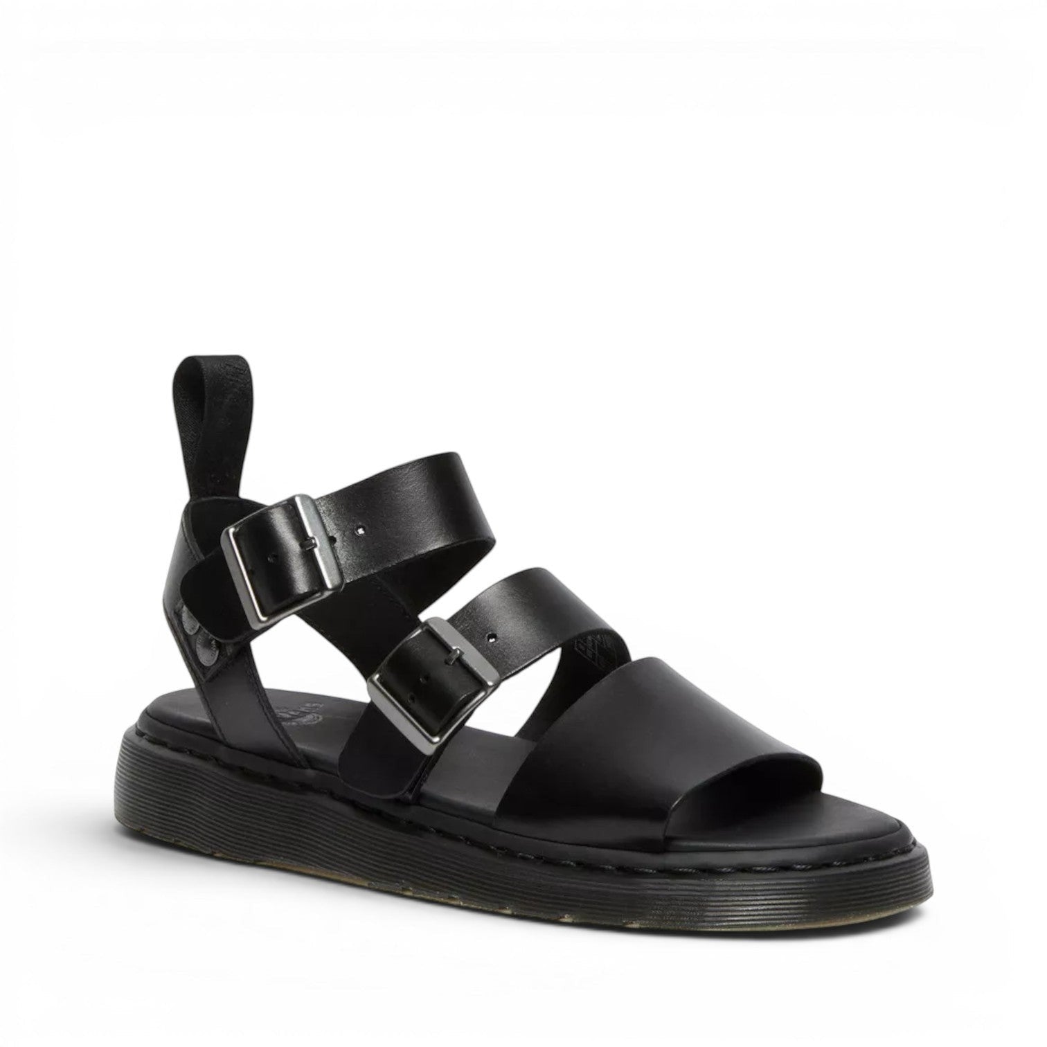 My Store black leather Gryphon Brando sandals with three buckle straps and a thick PVC sole.