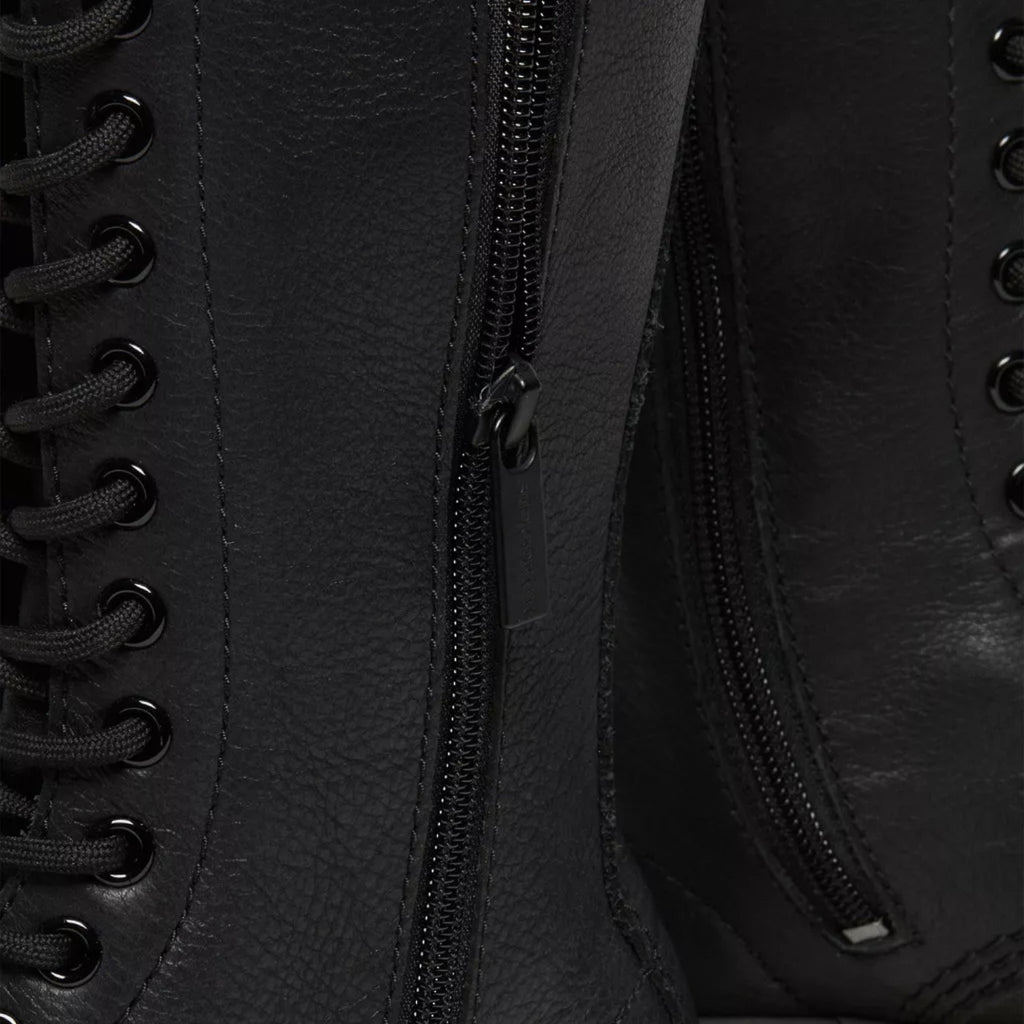 My Store black Virginia leather high boots with side zip and lace-up front.
