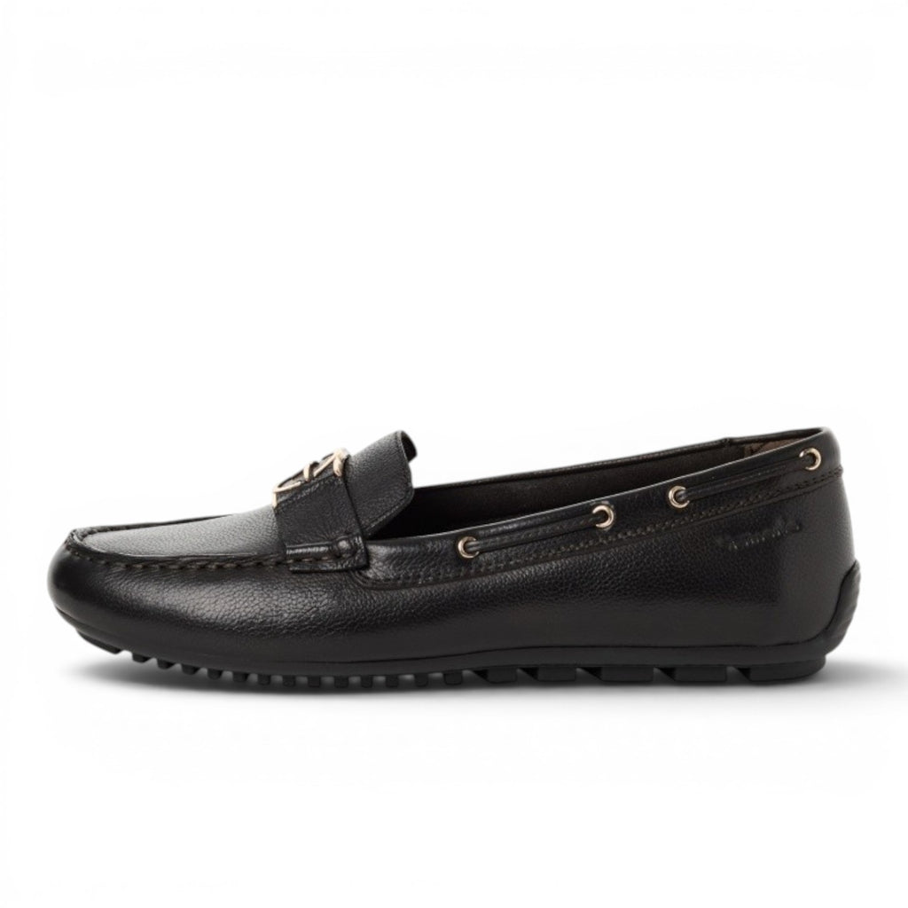 My Store black leather moccasins with gold buckle detail and low heel. Comfortable and stylish for casual or office wear.