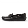 My Store black leather moccasins with gold buckle detail and low heel. Comfortable and stylish for casual or office wear.