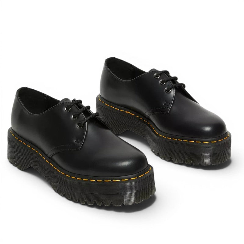 My Store black smooth leather platform shoes with yellow stitching and a thick sole.