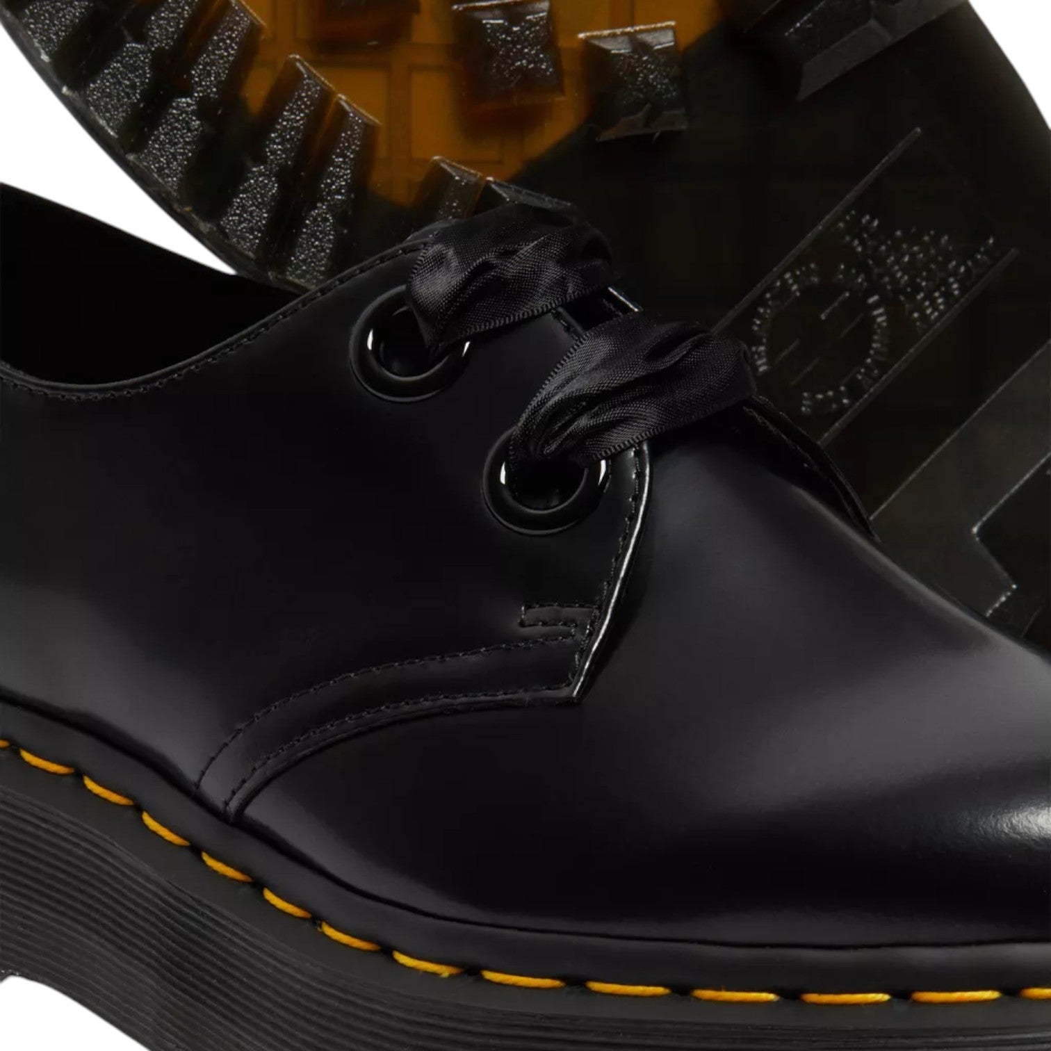 My Store black leather Holly Platform shoes with satin ribbon laces and signature yellow stitching on a thick platform sole.