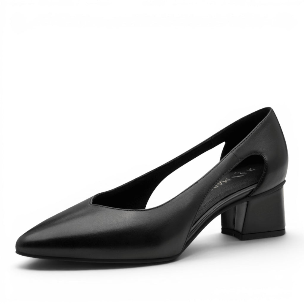 My Store black leather pump with cut-out detail and 4cm block heel.