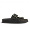 My Store black leather slide sandals with double straps adorned with colorful rhinestones. Gioseppo 68360.