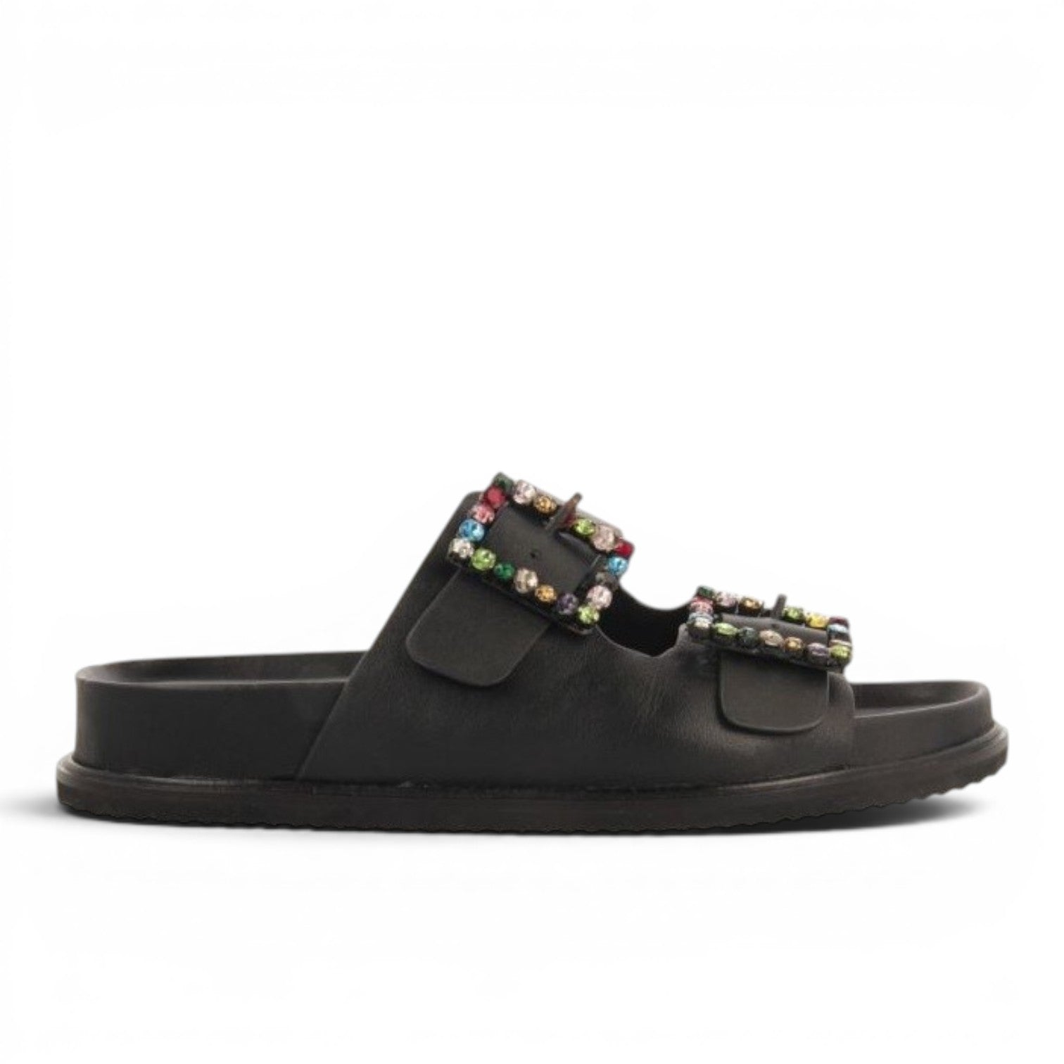 My Store black leather slide sandals with double straps adorned with colorful rhinestones. Gioseppo 68360.