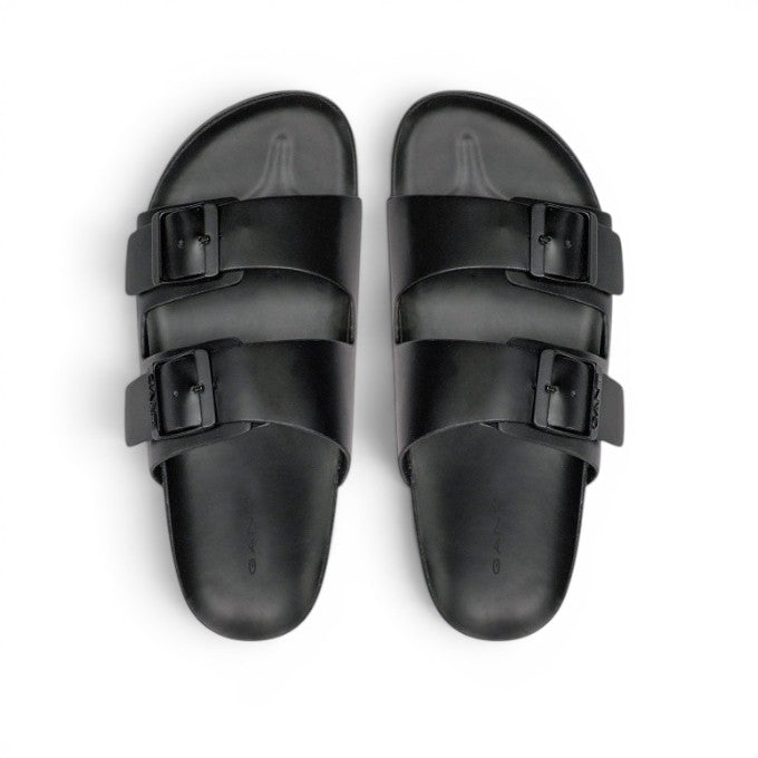 My Store black leather double strap slide sandals with adjustable buckles.