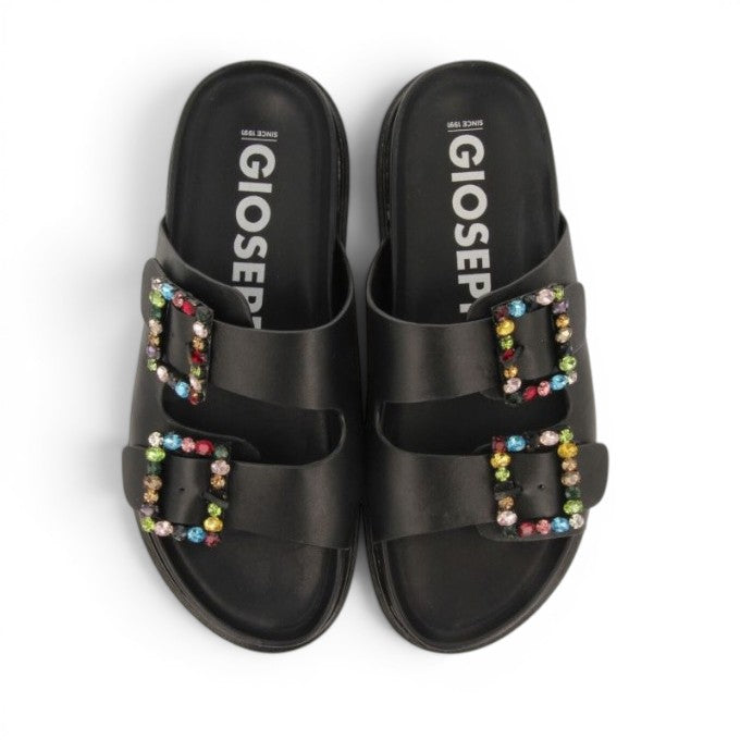 My Store black leather slides with double straps adorned with colorful jeweled buckles. Gioseppo branding on footbed.