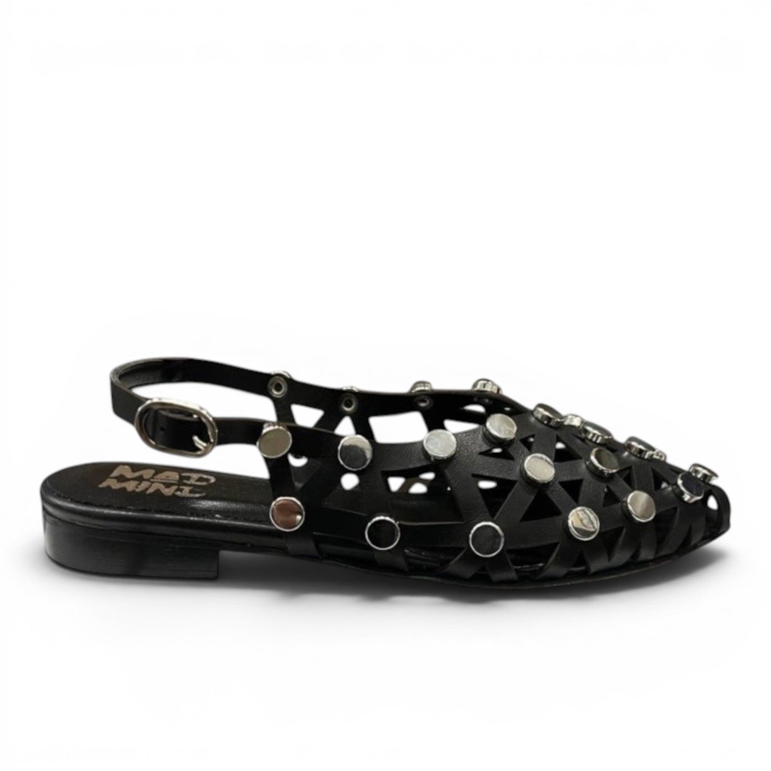 My Store black leather slingback flats with woven design and silver stud embellishments.