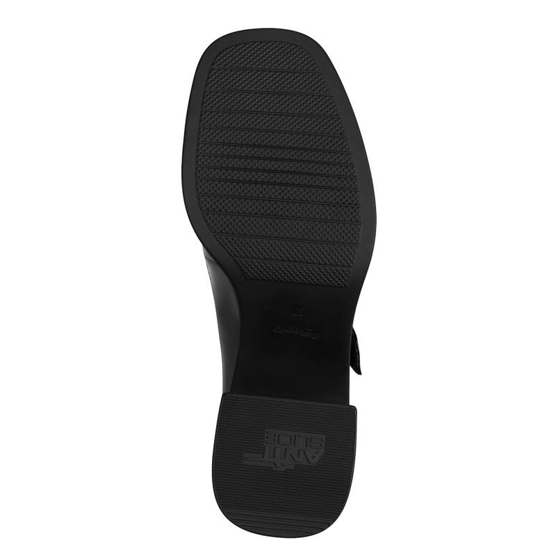 My Store black synthetic Mary Jane platform heels with 80mm banana heel and adjustable strap.