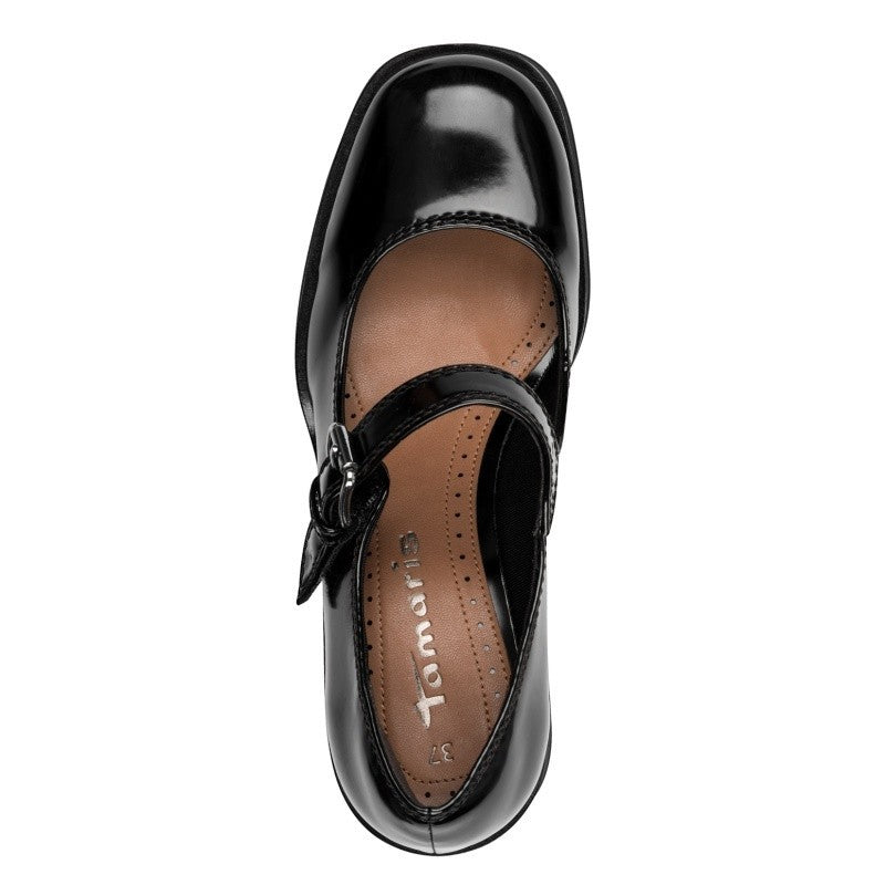 My Store black patent synthetic Mary Jane platform heels with buckle strap and 8cm banana heel.