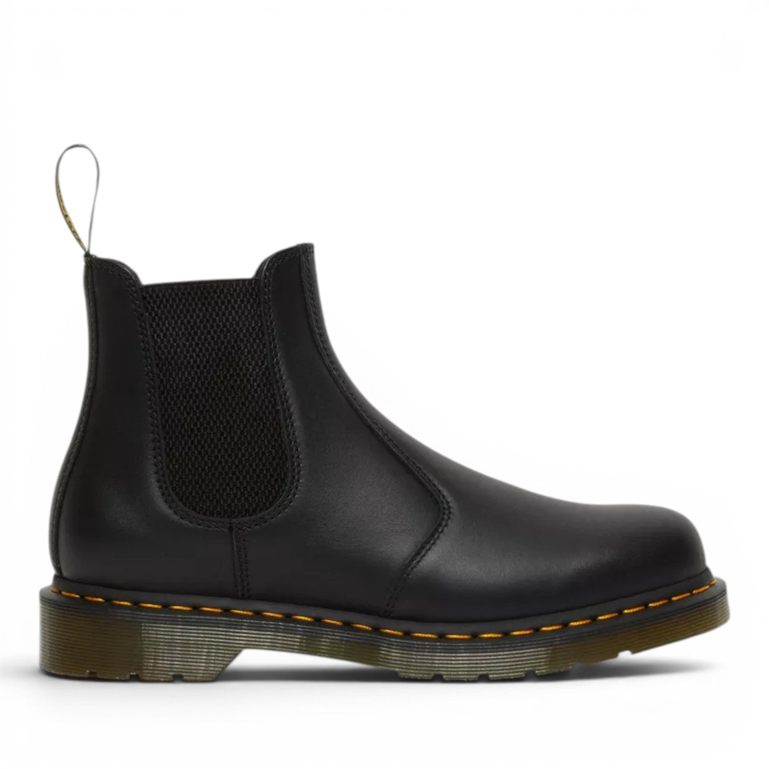 My Store black nappa leather Chelsea boots with elasticated side panels and yellow stitching.