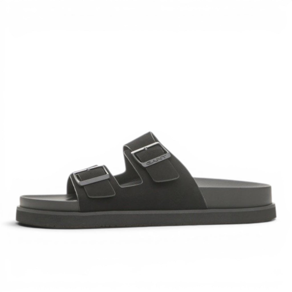 My Store black synthetic Palbuddy sandals with double buckle straps and rubber sole.