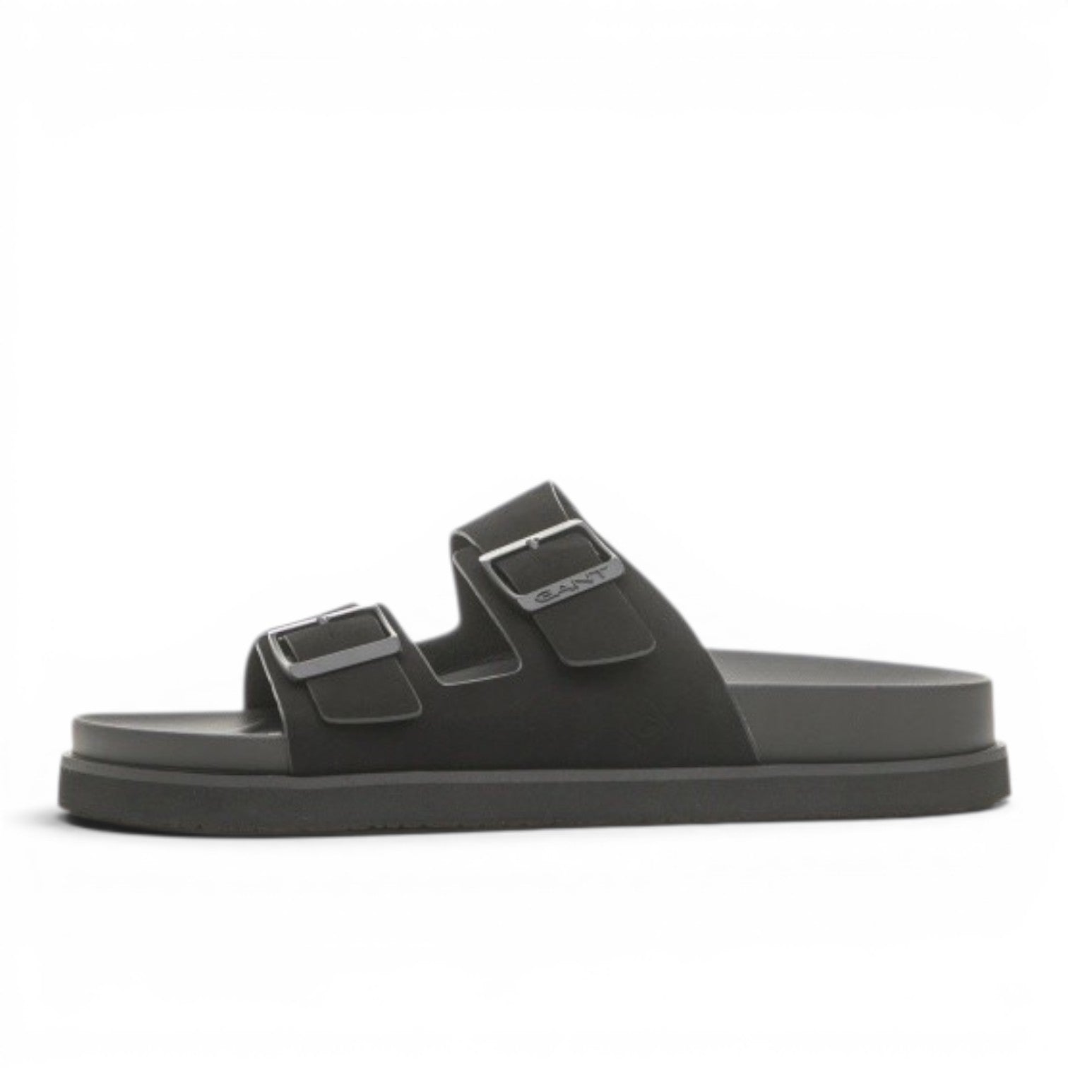 My Store black synthetic Palbuddy sandals with double buckle straps and rubber sole.
