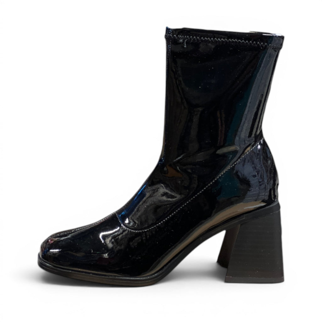 My Store black patent synthetic ankle boots with memory foam insole and 8cm block heel.