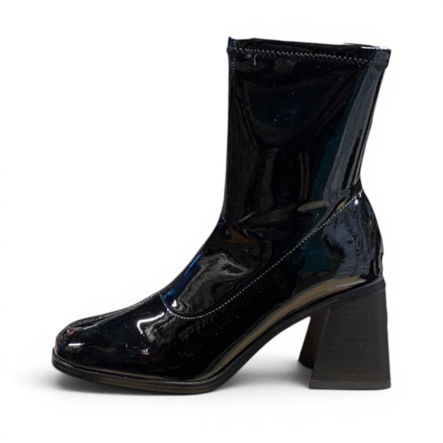 My Store black patent synthetic ankle boots with memory foam insole and 8cm block heel.