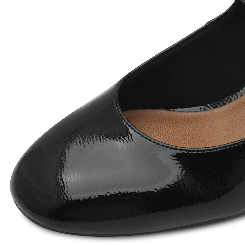 My Store elegant black patent leather slip-on shoes with block heel and buckle detail.