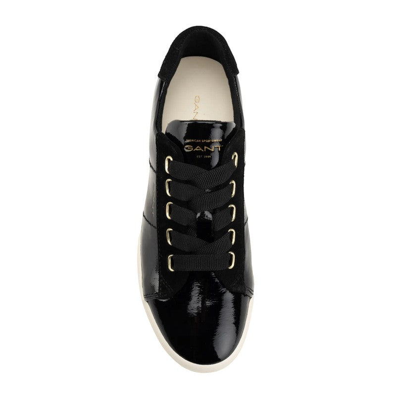 My Store black patent leather and suede low-top sneakers with ribbon laces and gold eyelets.