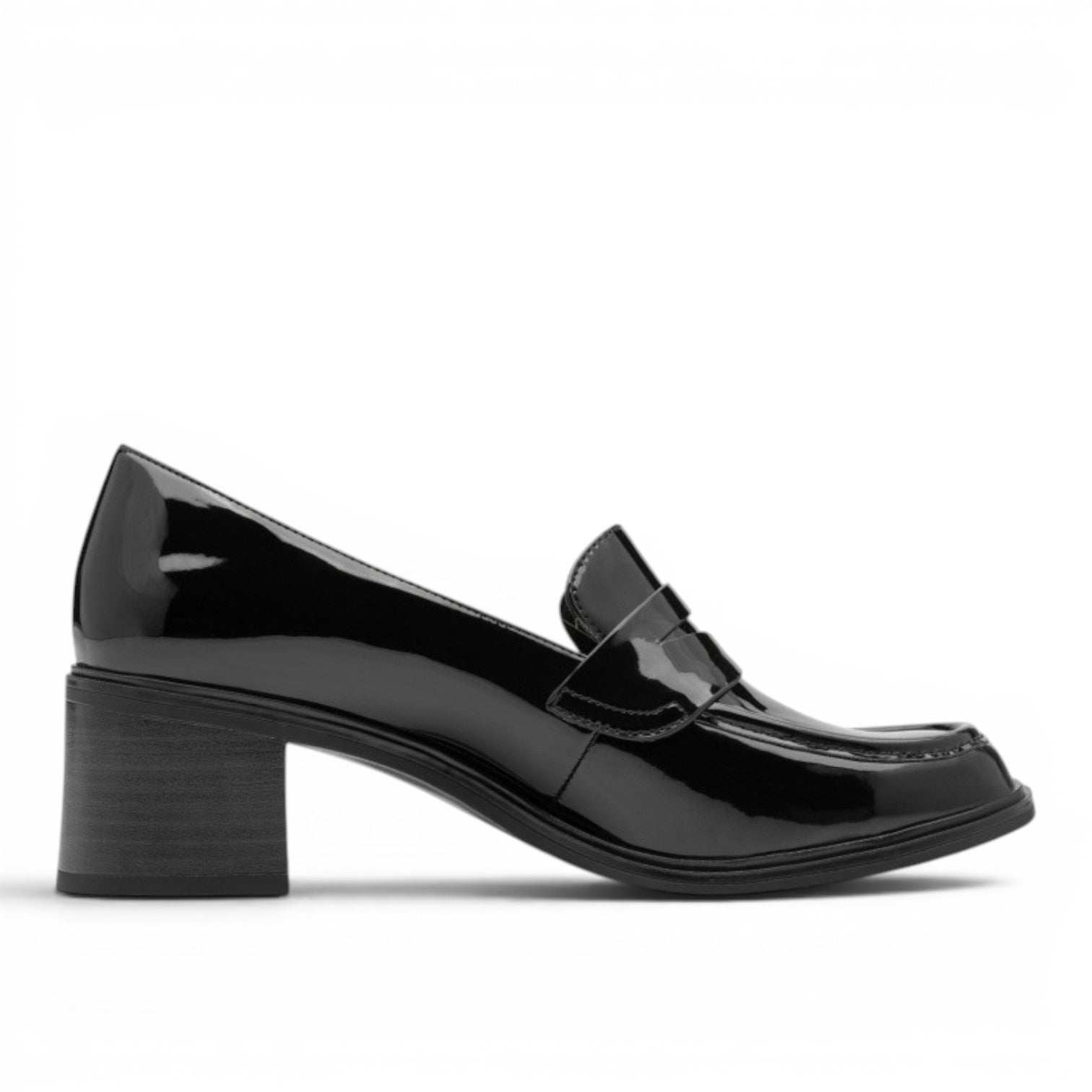 My Store black patent leather loafers with a 60mm block heel and square toe. Features a modern platform and memory foam insole.
