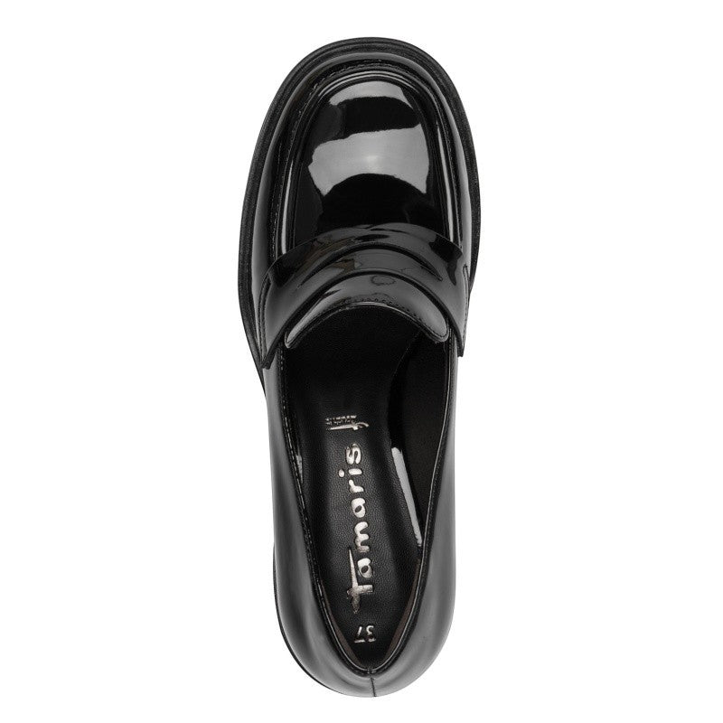 My Store black patent leather loafers with a 60mm platform and memory foam insole. Features anti-slip technology.
