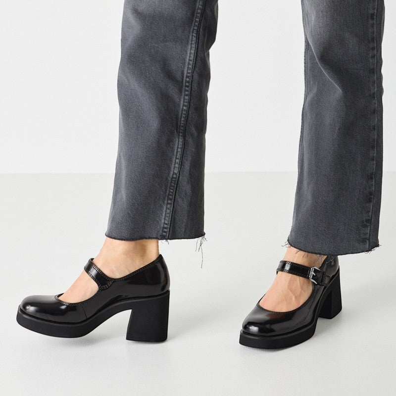 My Store black patent Mary Jane platform heels with buckle strap and 8cm block heel.