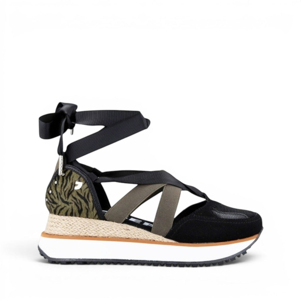 My Store black leather and textile platform espadrilles with zebra print heel and black ribbon ankle ties.