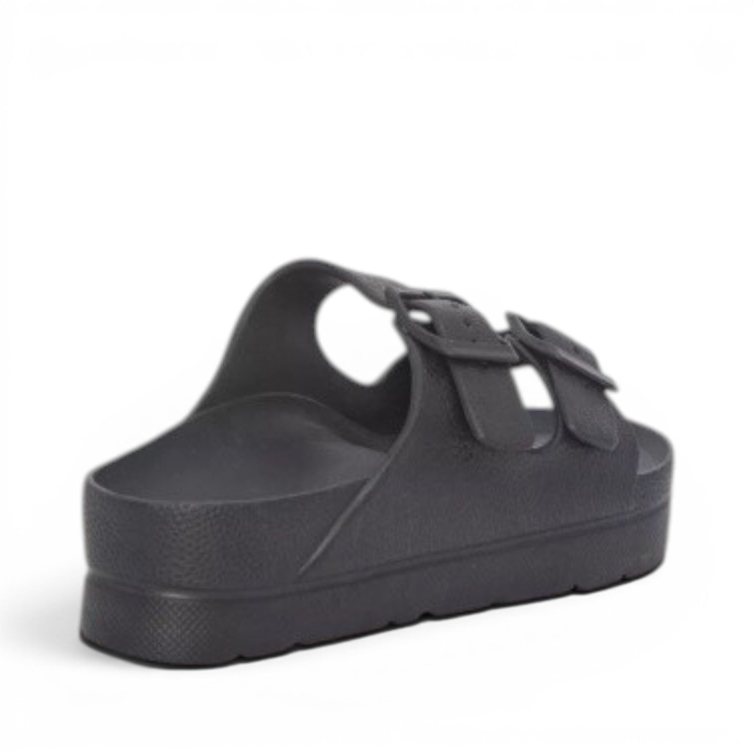 My Store black synthetic material platform slide sandals with double buckle straps.